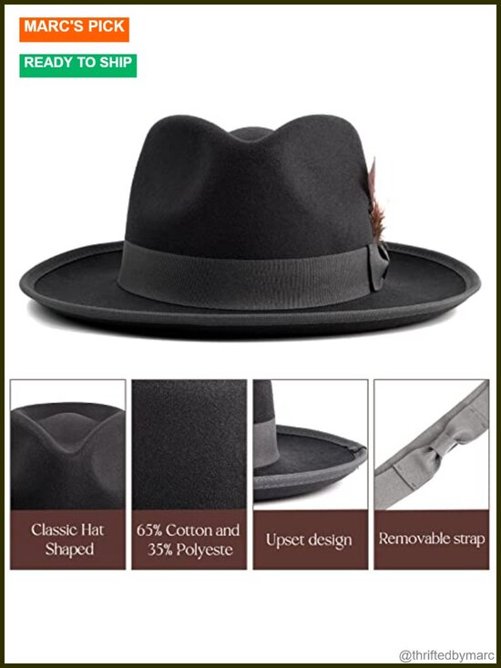 Wide Brim Fedora Hat with Feathers - Unisex Felt Trilby, Adjustable
